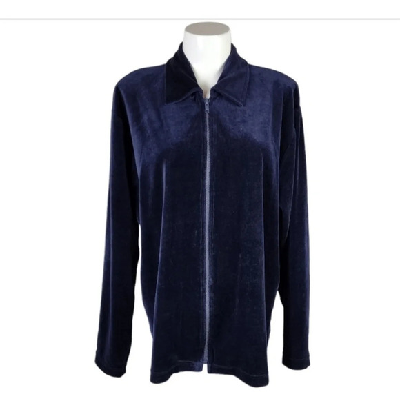 Vintage 80s Club Monaco Velour Zip Front Track Jacket Navy Blue Size Large - Picture 1 of 8
